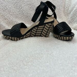 Impo platform wedge sandals black faux leather size 7 M braided ankle st…